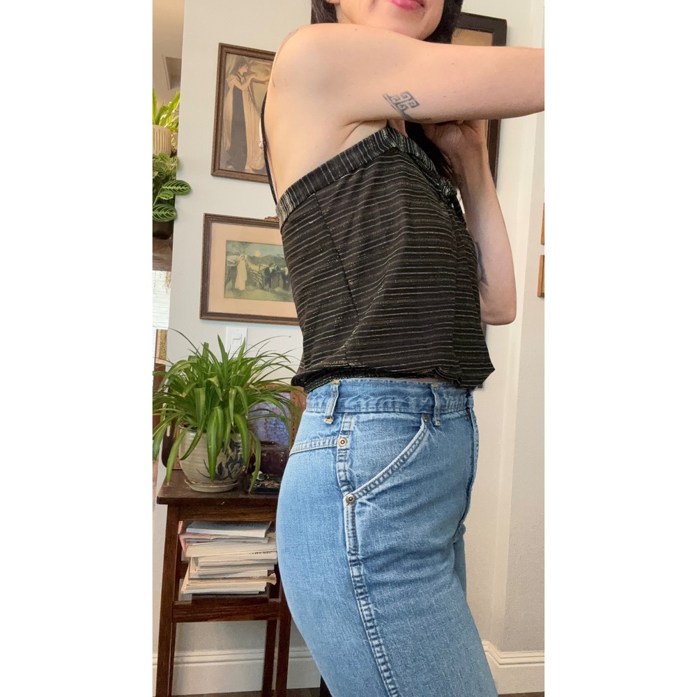 Vintage 70s Black Gold Metallic Pinstripe Camisole Cami Sauci California Top - Picture 3 of 8